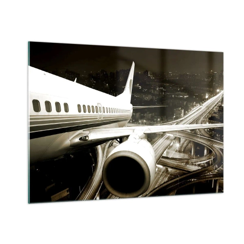 Cuadro sobre vidrio - Impresiones sobre Vidrio - Un avión sobre la ciudad por la noche con un ambiente industrial. - 100x70cm - Vuela hacia la noche - Decoración de pared moderna para salón y dormitorio ARTTOR
