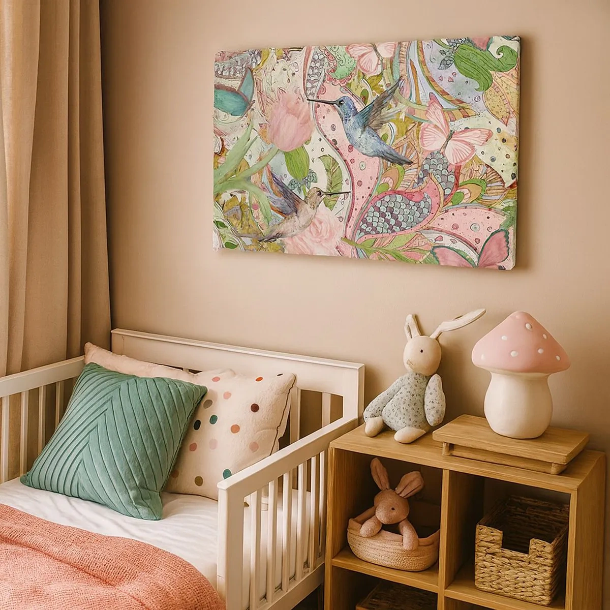 Cuadro sobre lienzo - Impresión de Imagen - Colibríes y mariposas coloridos entre las plantas. - 70x50cm - Enredado en las vides - Decoración de pared moderna para salón y dormitorio ARTTOR