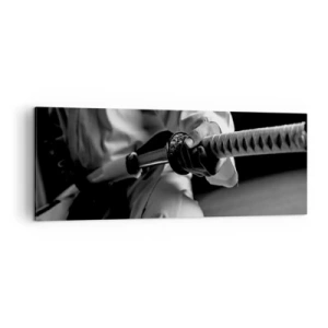Cuadro sobre lienzo - Impresión de Imagen - Un samurái con kimono sosteniendo una katana en blanco y negro. - 140x50cm - Alma de guerrero - Decoración de pared moderna para salón y dormitorio ARTTOR