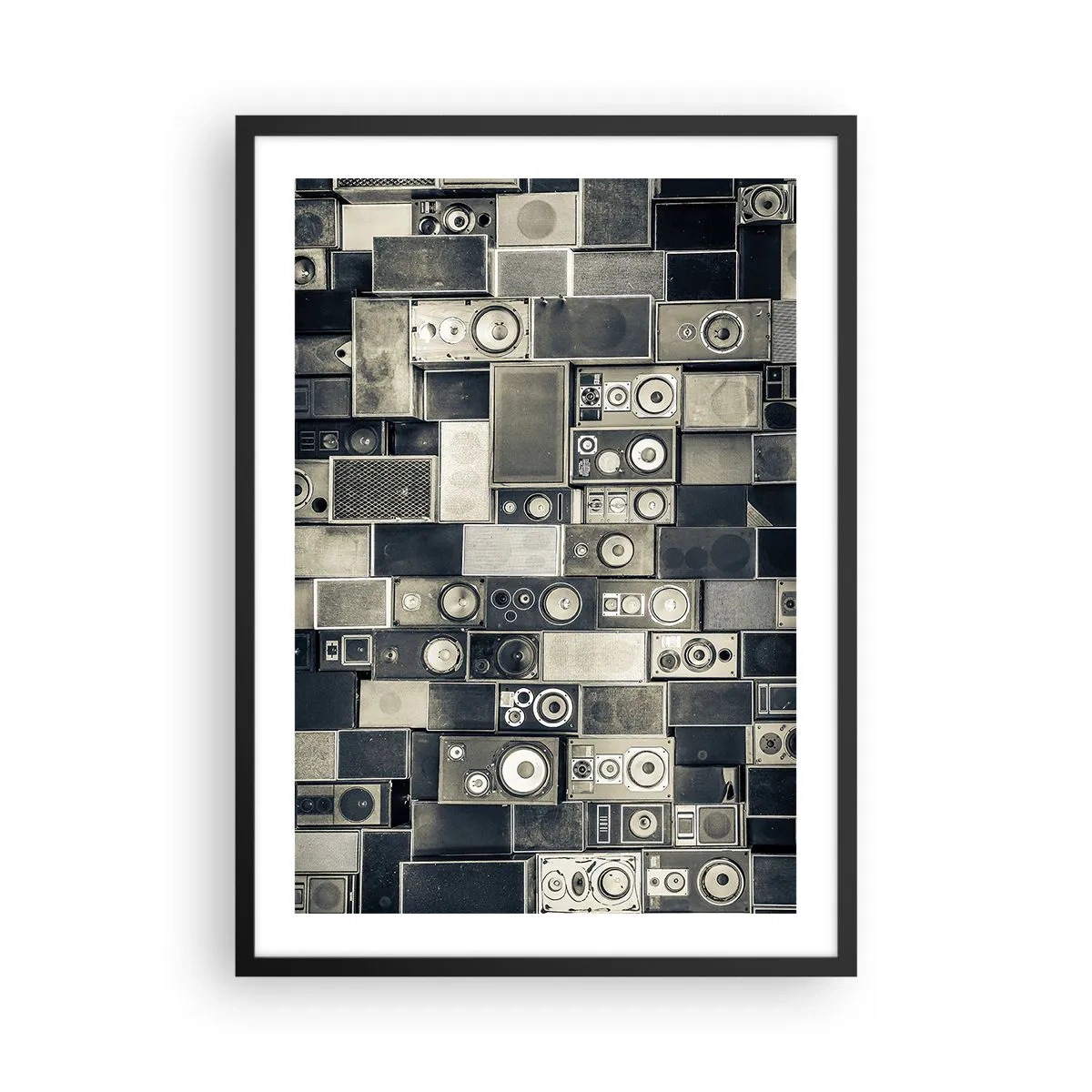 Póster en marco negro - Collage de altavoces en tonos de gris - 50x70cm - Y todo fluye - Decoración de pared moderna para salón y dormitorio ARTTOR