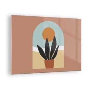 Cuadro sobre vidrio - Impresiones sobre Vidrio - Una escena abstracta con una planta en maceta y el sol al fondo, en colores pastel. - 70x50cm - Pequeñas alegrías - Decoración de pared moderna para salón y dormitorio ARTTOR
