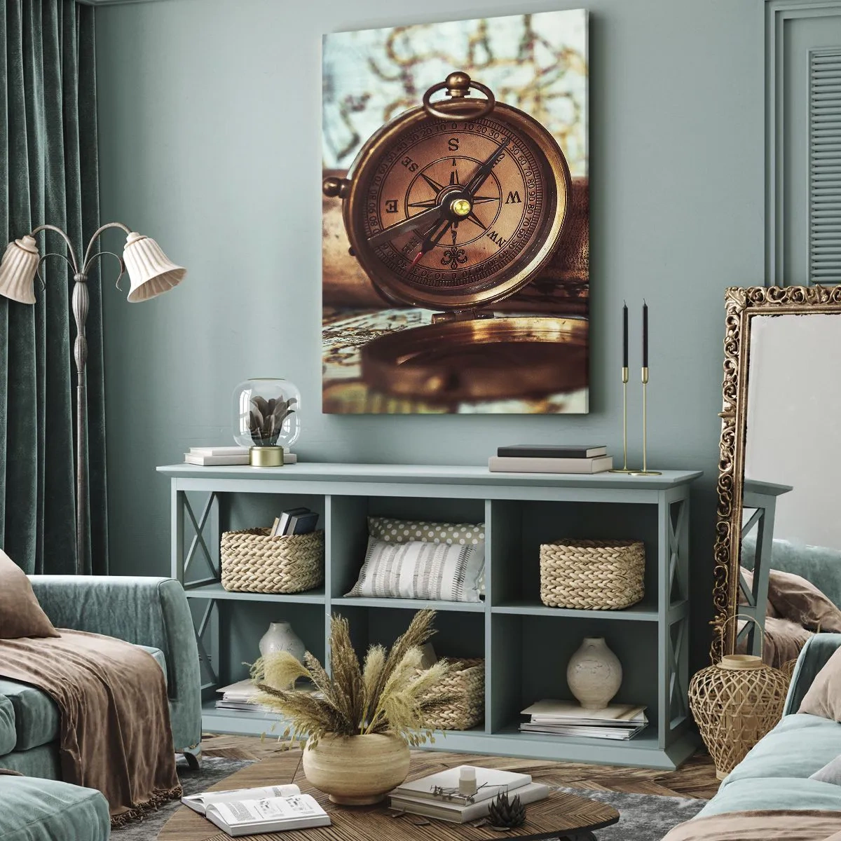 Cuadro sobre lienzo - Impresión de Imagen - Un conjunto retro con brújula, telescopio y mapa con temática de viajes. - 50x70cm - Te espera una aventura pirata en el Caribe - Decoración de pared moderna para salón y dormitorio ARTTOR