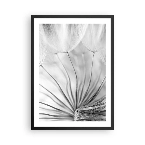 Póster en marco negro - Fotografía macro en blanco y negro de un diente de león con detalles sutiles. - 50x70cm - Caricias del viento - Decoración de pared moderna para salón y dormitorio ARTTOR