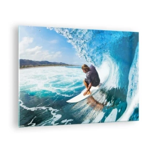 Cuadro sobre vidrio - Impresiones sobre Vidrio - Surfista en un túnel de agua con el océano al fondo - 70x50cm - Bailando con las olas - Decoración de pared moderna para salón y dormitorio ARTTOR