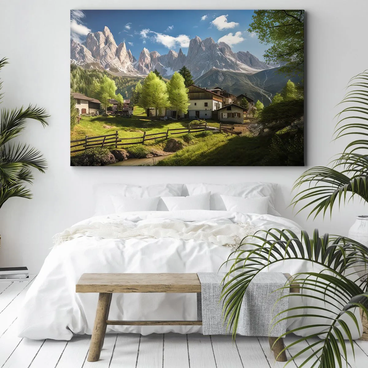 Cuadro sobre lienzo - Impresión de Imagen - Un pueblo de montaña con casas y vistas a los Alpes. - 100x70cm - Idilio alpino - Decoración de pared moderna para salón y dormitorio ARTTOR