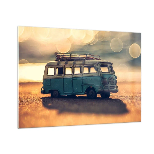 Cuadro sobre vidrio - Impresiones sobre Vidrio - Autobús de juguete antiguo en la playa al atardecer - 100x70cm - El fin de los ídolos del dinero y del trabajo - Decoración de pared moderna para salón y dormitorio ARTTOR