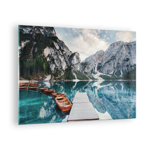 Cuadro sobre vidrio - Impresiones sobre Vidrio - Un puente de madera sobre un lago turquesa en las montañas. - 70x50cm - Te mostraremos la fuente de la belleza - Decoración de pared moderna para salón y dormitorio ARTTOR