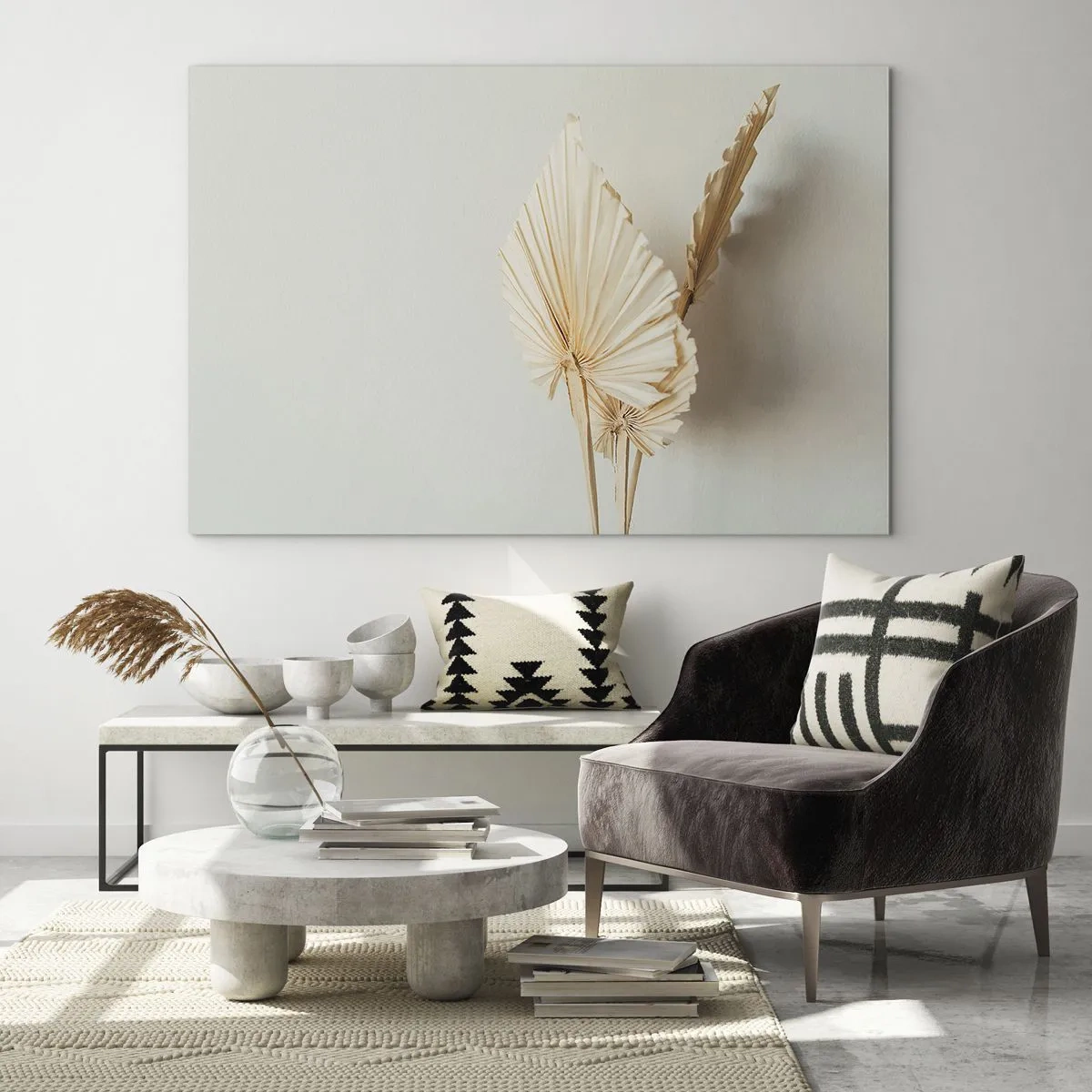Cuadro sobre vidrio - Impresiones sobre Vidrio - Hojas de palma secas en tonos beige sobre un fondo claro. - 120x80cm - Armonía y consuelo - Decoración de pared moderna para salón y dormitorio ARTTOR