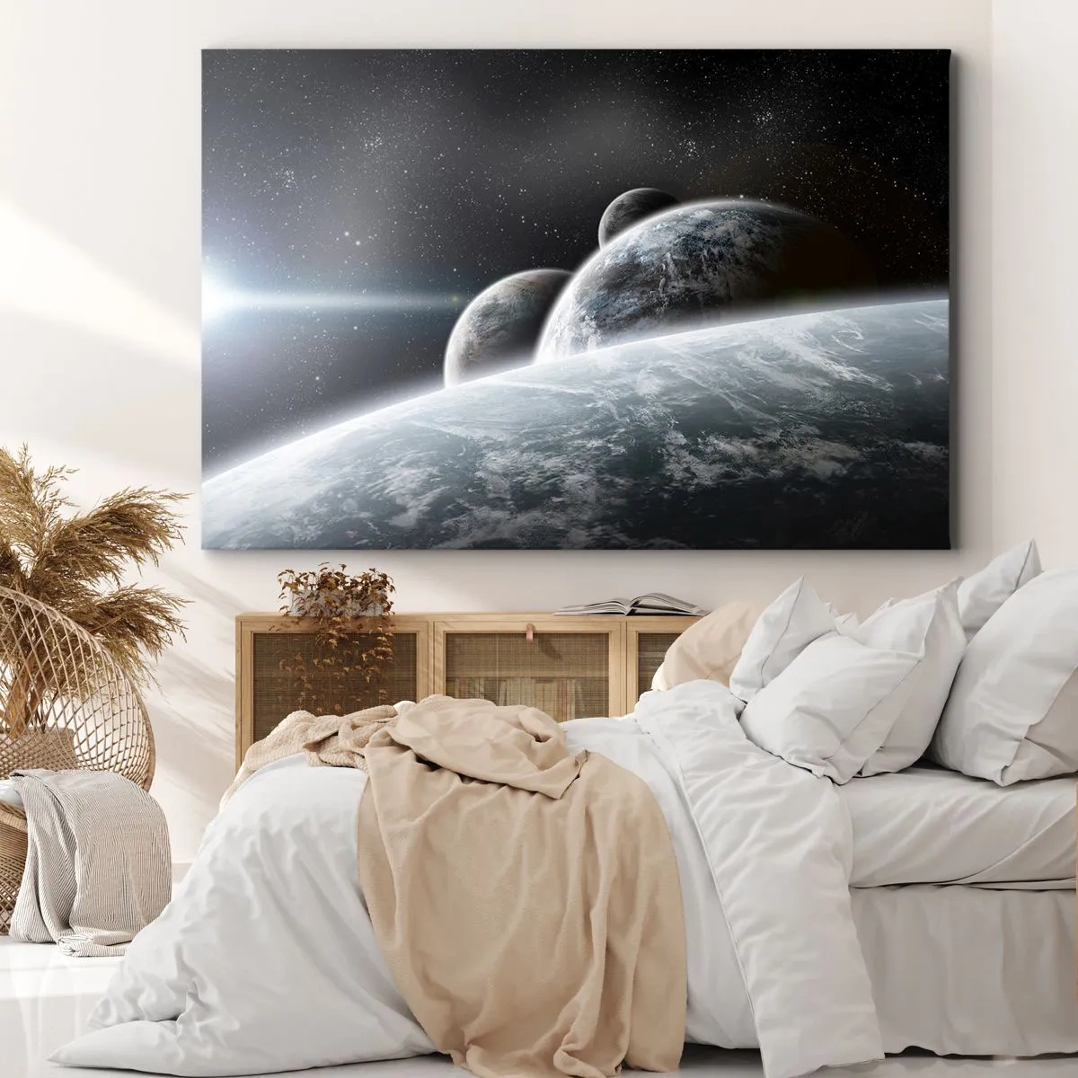 Cuadro sobre lienzo - Impresión de Imagen - Planetas en el espacio contra el fondo de estrellas y galaxias. - 120x80cm - Música cósmica de las esferas - Decoración de pared moderna para salón y dormitorio ARTTOR