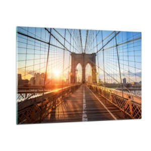 Cuadro sobre vidrio - Impresiones sobre Vidrio - Atardecer en el puente de Brooklyn en Nueva York - 120x80cm - En el puente dorado - Decoración de pared moderna para salón y dormitorio ARTTOR