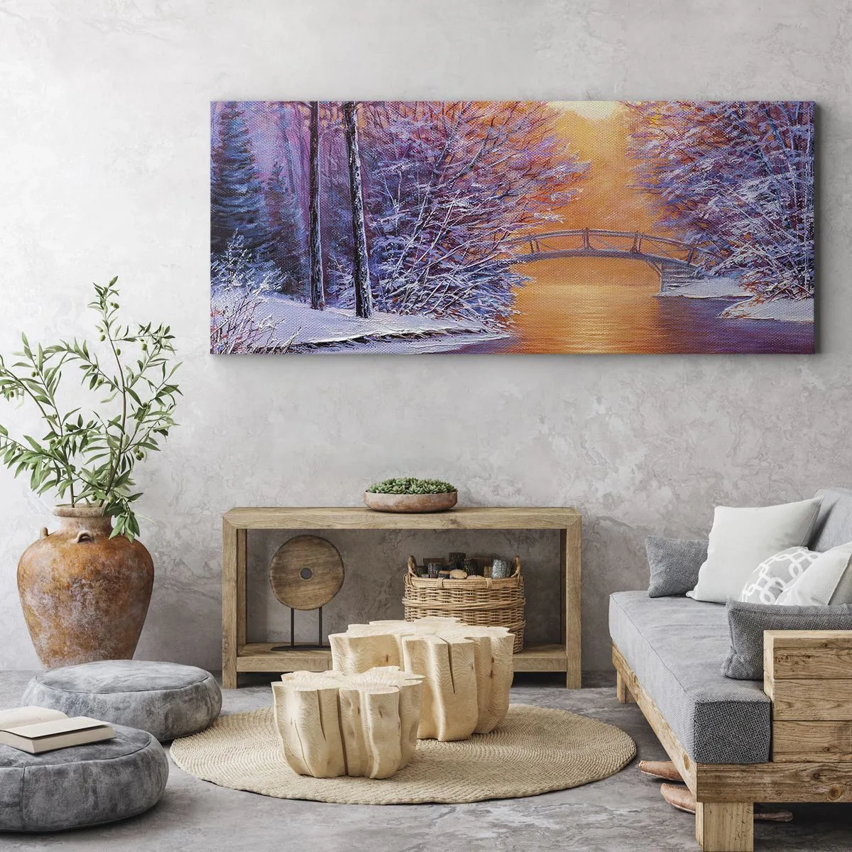 Cuadro sobre lienzo - Impresión de Imagen - Paisaje invernal con puente y puesta de sol - 160x50cm - Reunámonos aquí - Decoración de pared moderna para salón y dormitorio ARTTOR