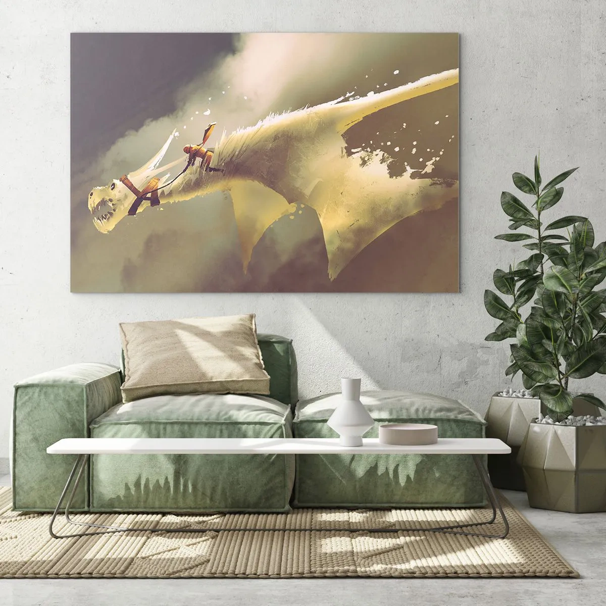 Cuadro sobre vidrio - Impresiones sobre Vidrio - Una figura en la espalda de un dragón blanco en un paisaje brumoso. - 70x50cm - Al rescate - Decoración de pared moderna para salón y dormitorio ARTTOR