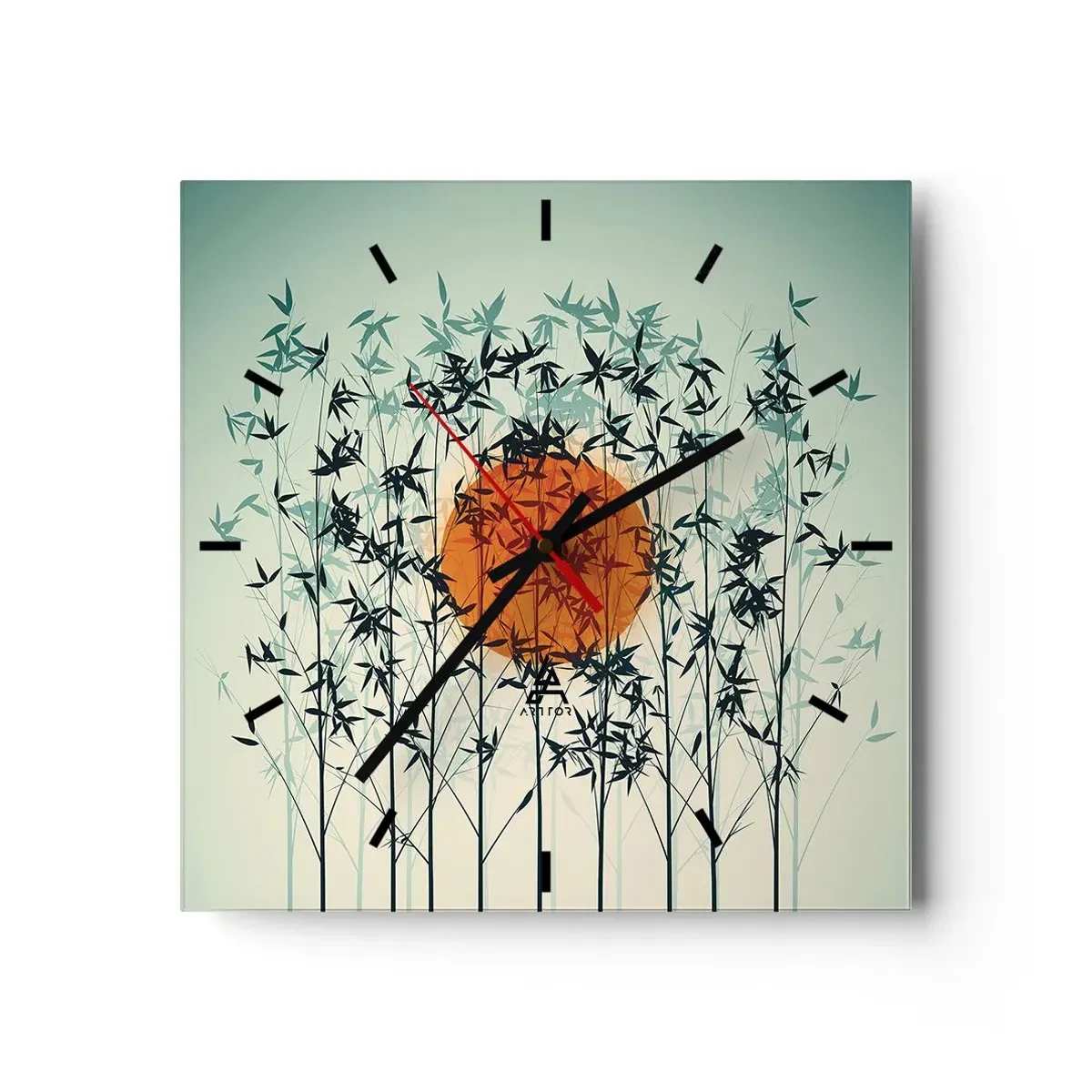 Reloj de pared - Reloj de vidrio - Sol naranja entre las ramas de bambú. - 30x30cm - El sol de Japón - Decoración de pared moderna para salón y dormitorio ARTTOR