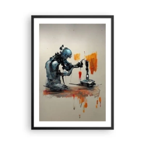 Póster en marco negro - Un robot cibernético en el acto de crear arte. - 50x70cm - Próximamente... - Decoración de pared moderna para salón y dormitorio ARTTOR
