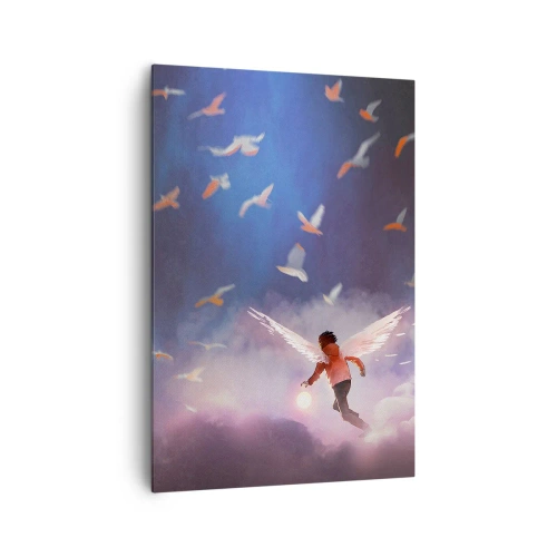 Cuadro sobre lienzo - Impresión de Imagen - Una figura con alas de ángel flotando entre pájaros en el cielo. - 70x100cm - Imaginación y valor - Decoración de pared moderna para salón y dormitorio ARTTOR