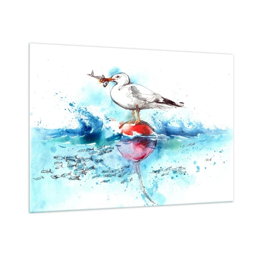 Cuadro sobre vidrio - Impresiones sobre Vidrio - Una gaviota en una boya con un pez en el fondo de las olas del mar. - 100x70cm - Una captura exitosa - Decoración de pared moderna para salón y dormitorio ARTTOR