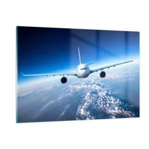 Cuadro sobre vidrio - Impresiones sobre Vidrio - Un avión de pasajeros contra un cielo azul y nubes. - 120x80cm - Vuelo porque quiero - Decoración de pared moderna para salón y dormitorio ARTTOR