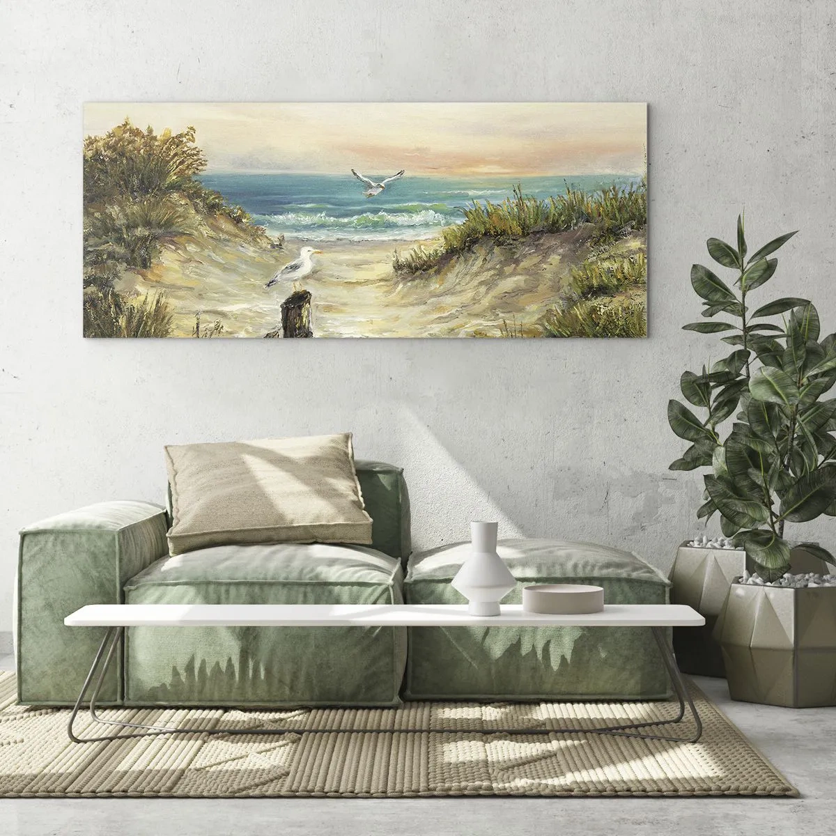 Cuadro sobre vidrio - Impresiones sobre Vidrio - Costa con gaviotas y dunas al atardecer - 120x50cm - Un retiro ventoso - Decoración de pared moderna para salón y dormitorio ARTTOR
