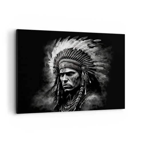 Cuadro sobre lienzo - Impresión de Imagen - Retrato de un jefe con un tocado de plumas sobre un fondo negro - 120x80cm - Líder y guerrero - Decoración de pared moderna para salón y dormitorio ARTTOR