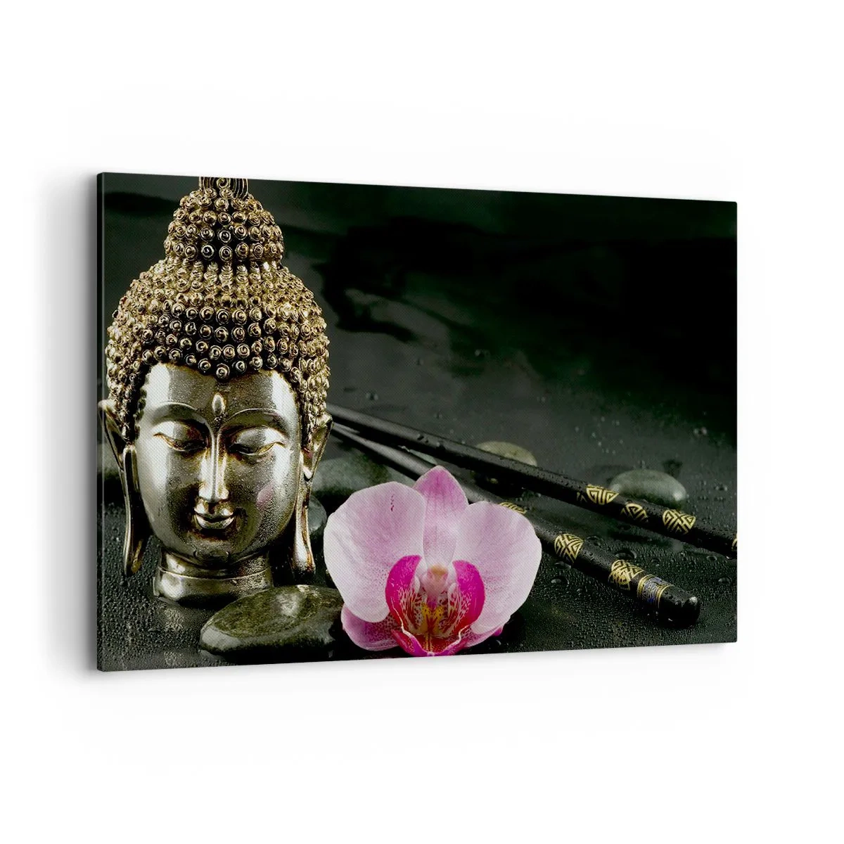 Cuadro sobre lienzo - Impresión de Imagen - Una estatuilla de Buda con una orquídea y palillos sobre un fondo de piedras. - 120x80cm - La armonía de la sabiduría y la belleza - Decoración de pared moderna para salón y dormitorio ARTTOR