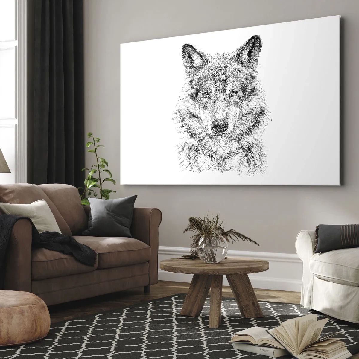 Cuadro sobre lienzo - Impresión de Imagen - Boceto de una cabeza de lobo en estilo monocromático sobre fondo blanco. - 70x50cm - Un líder nato - Decoración de pared moderna para salón y dormitorio ARTTOR