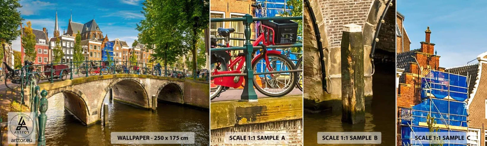 Muestra de fotomural autoadhesivo Deluxe Sticker - Primavera en el canal - Ciudad, Ámsterdam, Arquitectura - 100x30 cm