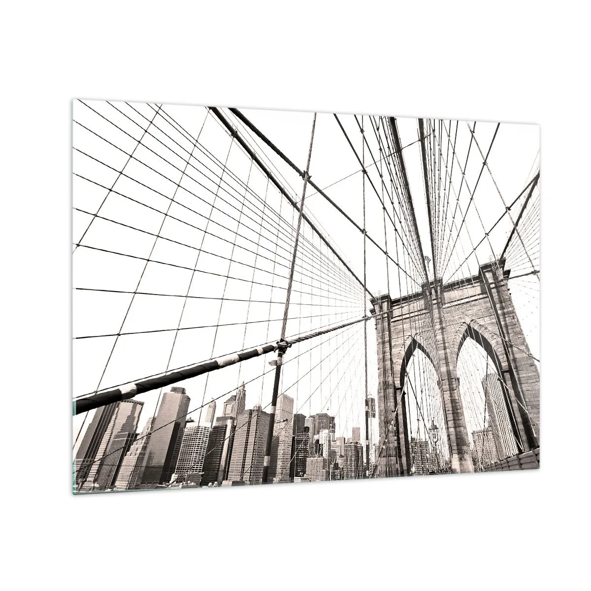 Cuadro sobre vidrio - Impresiones sobre Vidrio - Un puente colgante con un panorama de la ciudad al fondo en sepia. - 70x50cm - Catedral de Nueva York - Decoración de pared moderna para salón y dormitorio ARTTOR