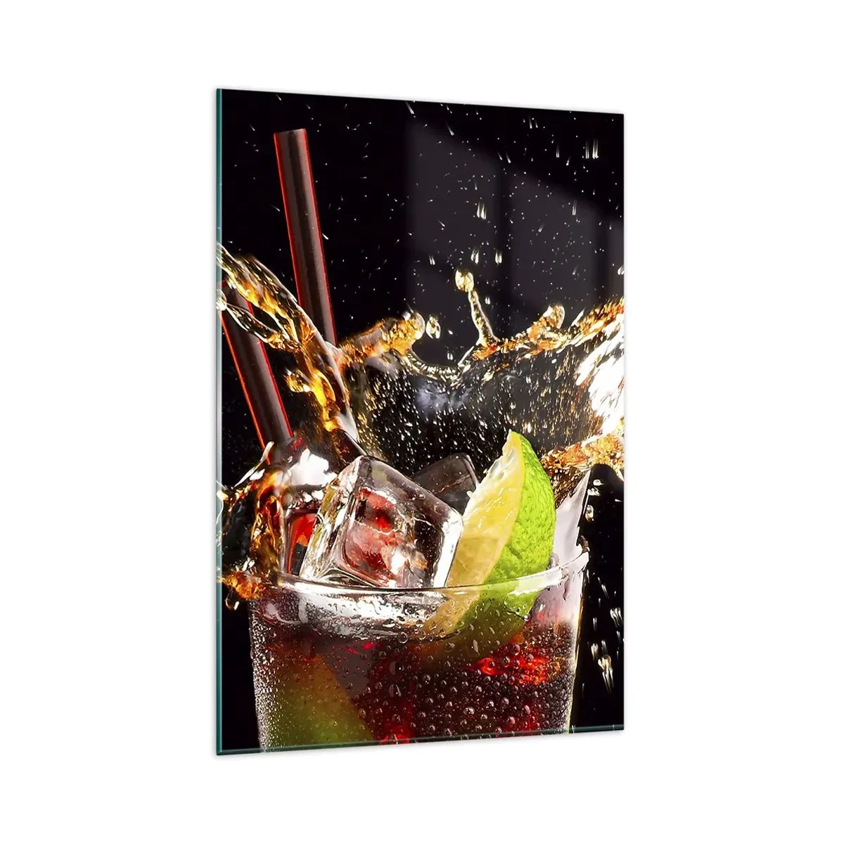 Cuadro sobre vidrio - Impresiones sobre Vidrio - Un vaso de bebida, lima y hielo en el momento del chapoteo dinámico. - 80x120cm - Alegría y energía colorida - Decoración de pared moderna para salón y dormitorio ARTTOR