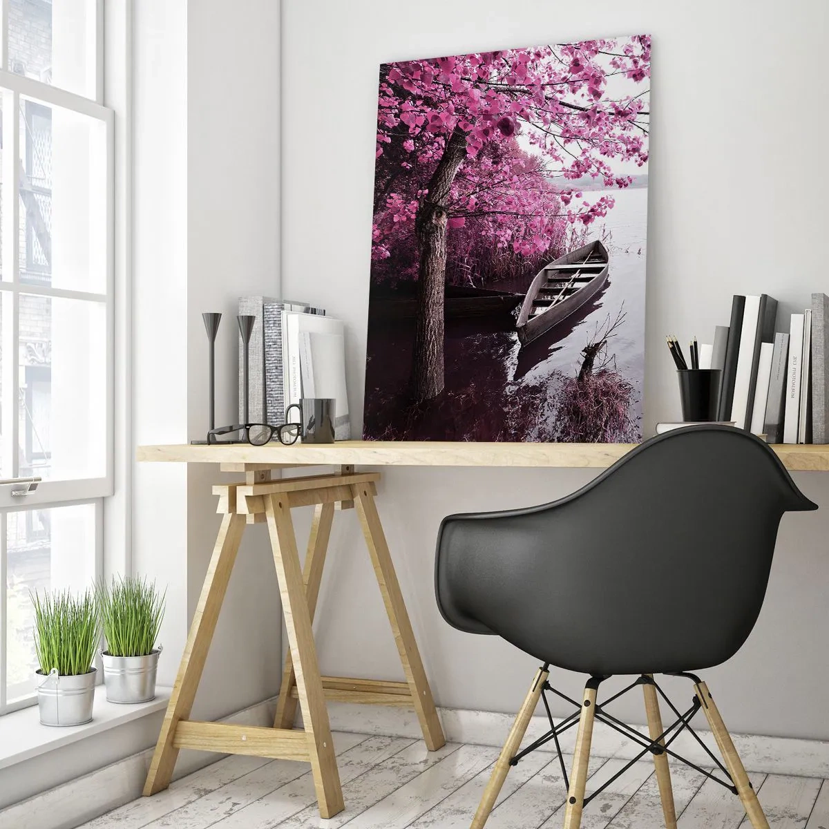 Cuadro sobre vidrio - Impresiones sobre Vidrio - Un barco en la orilla de un lago entre árboles rosados. - 70x100cm - En el silencio rosa - Decoración de pared moderna para salón y dormitorio ARTTOR