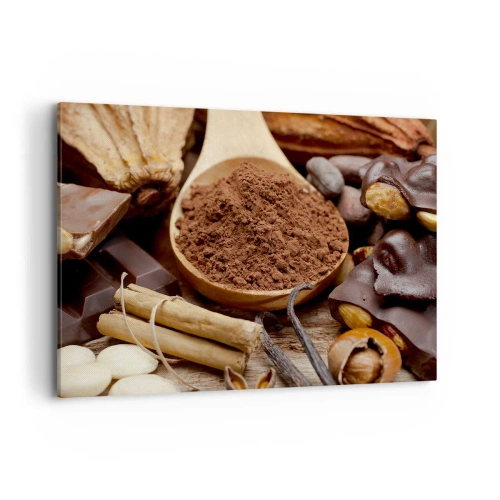 Cuadro sobre lienzo - Impresión de Imagen - Una cucharada de ingredientes de cacao y chocolate en un arreglo rústico. - 100x70cm - Lo mejor para las penas - Decoración de pared moderna para salón y dormitorio ARTTOR