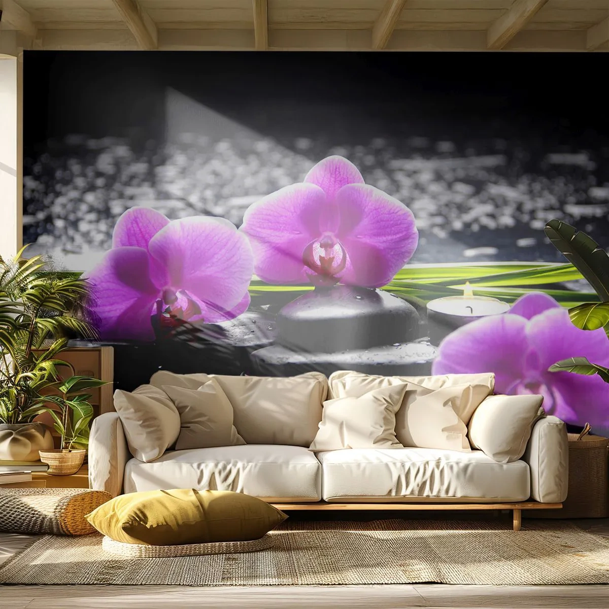 Fotomural Premium Sand - Orquídeas moradas sobre piedras negras con velas. - 100x70cm - Ahogarse en la paz y la tranquilidad - Decoración de pared moderna para salón y dormitorio ARTTOR