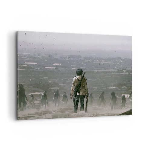 Cuadro sobre lienzo - Impresión de Imagen - Una figura con una pistola se encuentra frente a un grupo en un paisaje distópico. - 100x70cm - Soy leyenda - Decoración de pared moderna para salón y dormitorio ARTTOR