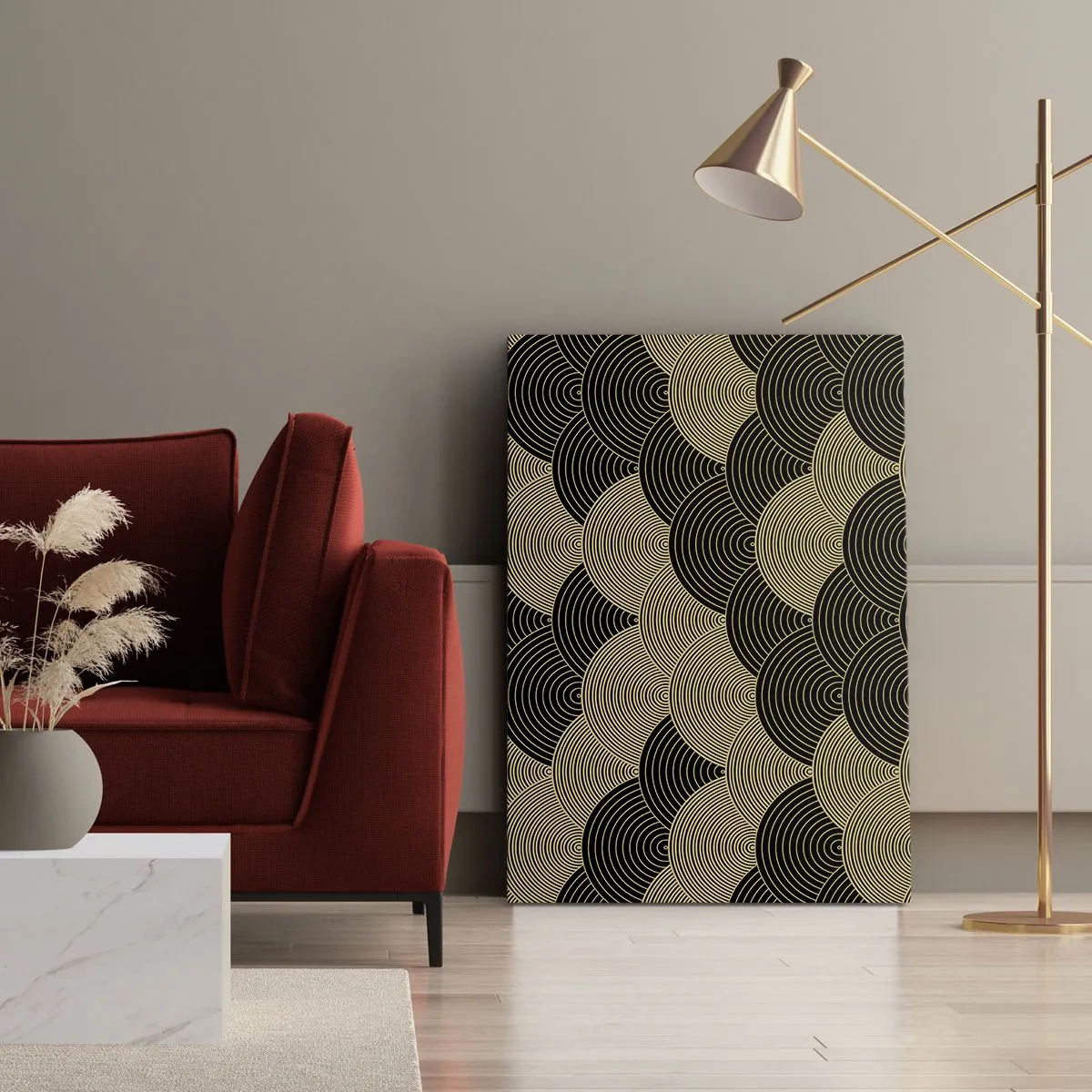 Cuadro sobre lienzo - Impresión de Imagen - Patrón Art Déco con semicírculos y líneas doradas. - 80x120cm - Multiplicación de la unidad - Decoración de pared moderna para salón y dormitorio ARTTOR