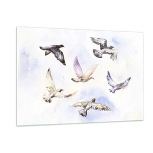 Cuadro sobre vidrio - Impresiones sobre Vidrio - Pájaros en vuelo contra un cielo despejado - 120x80cm - Libertad en gris y azul - Decoración de pared moderna para salón y dormitorio ARTTOR