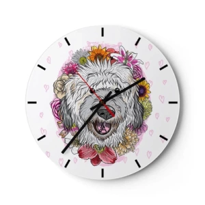 Reloj de pared - Reloj de vidrio - Ilustración de un perro rodeado de flores y corazones. - 30x30cm - Alegría de cachorro - Decoración de pared moderna para salón, cocina y dormitorio ARTTOR
