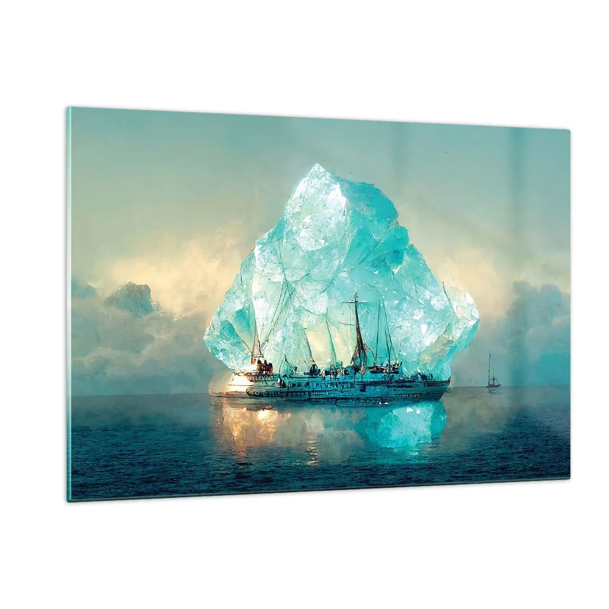 Cuadro sobre vidrio - Impresiones sobre Vidrio - Un velero frente a un enorme glaciar en la luz del Ártico. - 120x80cm - Diamante ártico - Decoración de pared moderna para salón y dormitorio ARTTOR