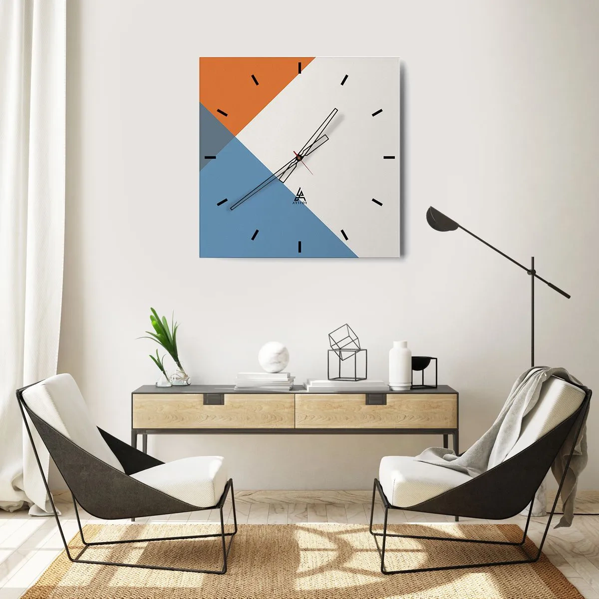 Reloj de pared - Reloj de vidrio - Triángulos geométricos en tonos azules y naranjas. - 30x30cm - Desde el punto de vista de... - Decoración de pared moderna para salón y dormitorio ARTTOR