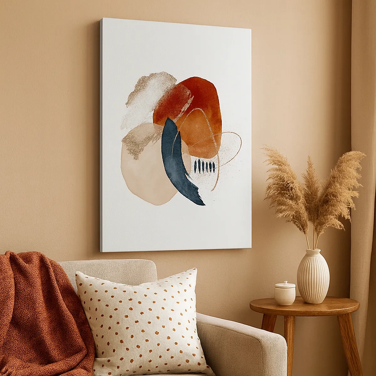 Cuadro sobre lienzo - Impresión de Imagen - Una composición abstracta con manchas en tonos tierra y azul marino. - 50x70cm - Composición ovalada - Decoración de pared moderna para salón y dormitorio ARTTOR