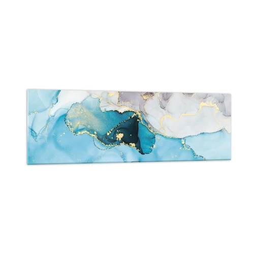 Cuadro sobre vidrio - Impresiones sobre Vidrio - Abstracción en tonos azules y dorados con líneas sutiles. - 160x50cm - Un estudio del encuentro entre el gris y el turquesa - Decoración de pared moderna para salón y dormitorio ARTTOR