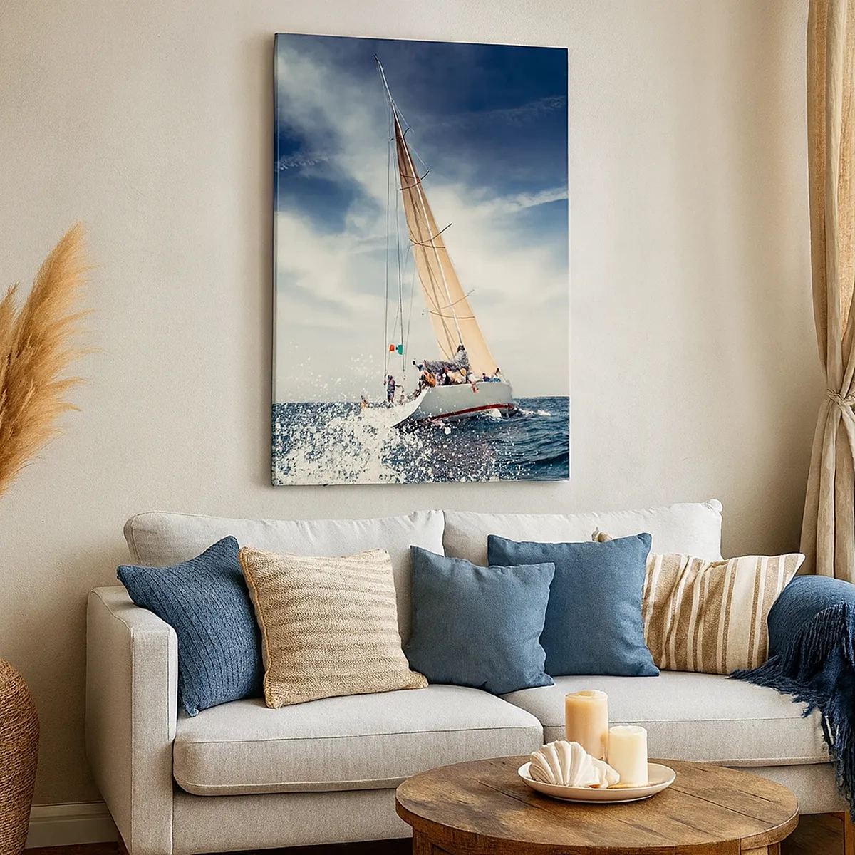Cuadro sobre lienzo - Impresión de Imagen - Un velero en un mar tempestuoso bajo un cielo azul. - 50x70cm - ¡No nos alcanzarán! - Decoración de pared moderna para salón y dormitorio ARTTOR