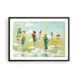 Póster en marco negro - Figuras subiendo escaleras entre nubes sobre un fondo pastel. - 70x50cm - Sigue tu sueño - Decoración de pared moderna para salón y dormitorio ARTTOR