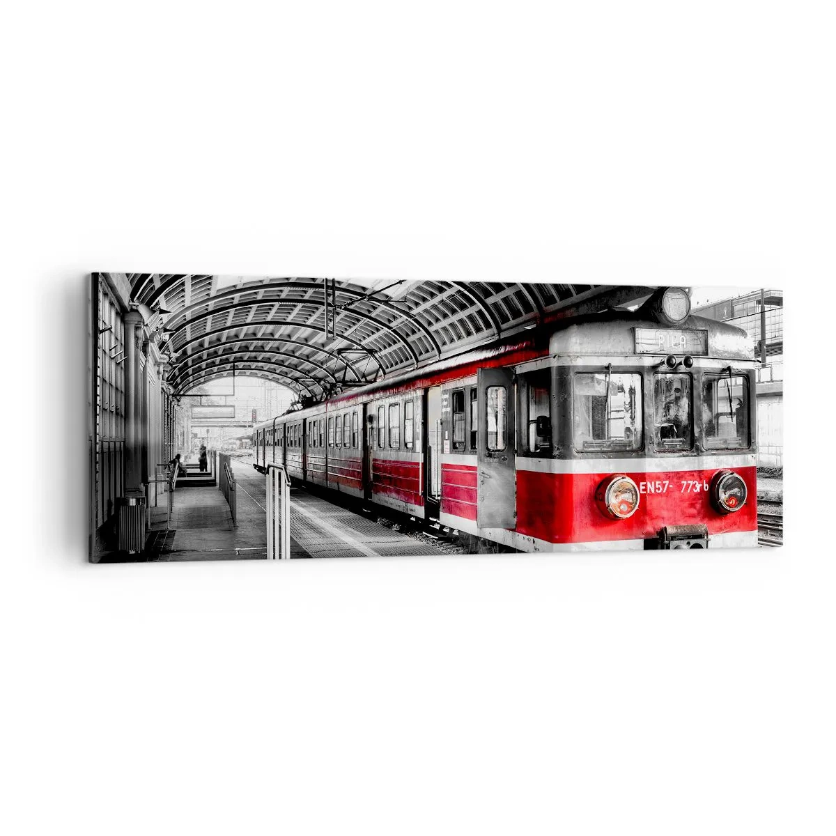 Cuadro sobre lienzo - Impresión de Imagen - Tren rojo en la estación bajo techo. - 140x50cm - ¿El viaje de su vida? - Decoración de pared moderna para salón y dormitorio ARTTOR