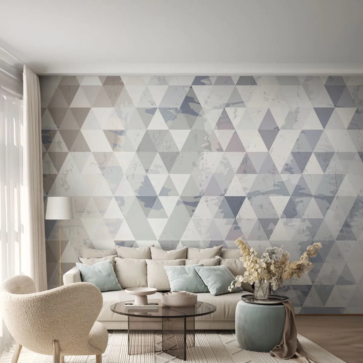 Fotomural Premium Sand - Geometría en tonos grises y beige - 100x70cm - A ritmo de triángulo - Decoración de pared moderna para salón y dormitorio ARTTOR