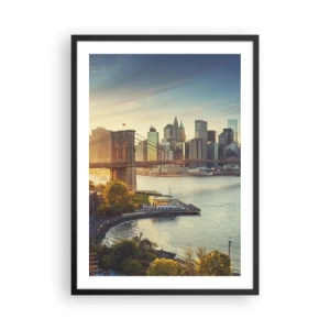 Póster en marco negro - Puente de Brooklyn y horizonte de Manhattan al anochecer - 50x70cm - El amanecer de la gran ciudad - Decoración de pared moderna para salón y dormitorio ARTTOR