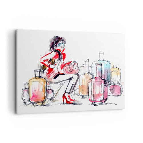 Cuadro sobre lienzo - Impresión de Imagen - Una mujer con maletas en una dinámica ilustración de acuarela. - 100x70cm - Sentémonos antes del viaje - Decoración de pared moderna para salón y dormitorio ARTTOR