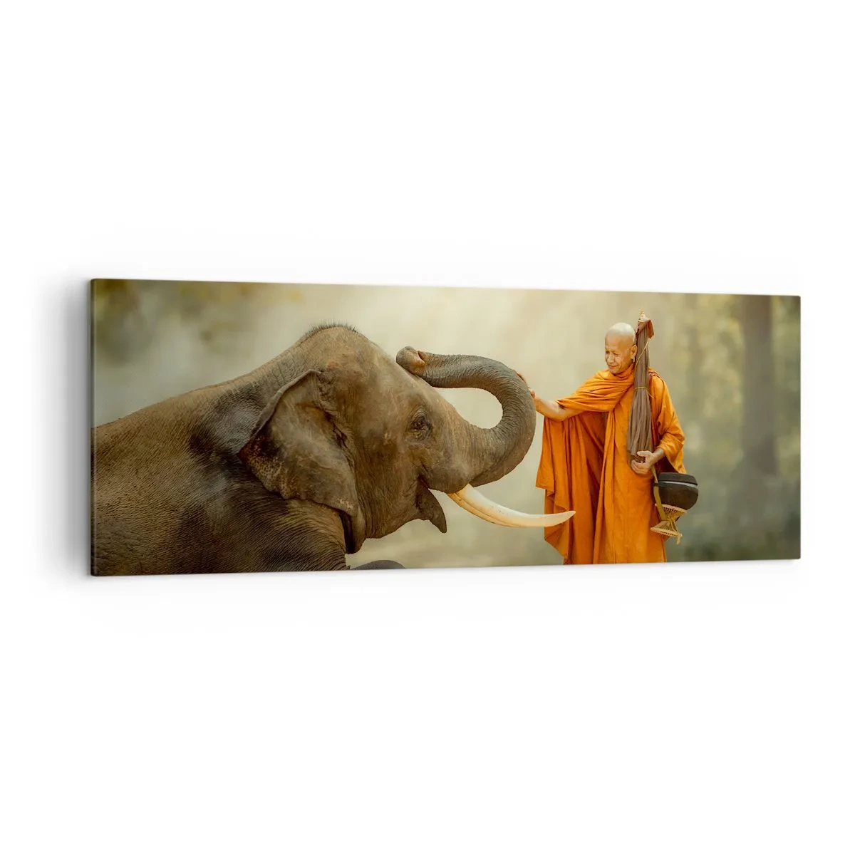 Cuadro sobre lienzo - Impresión de Imagen - Un monje y un elefante en armonía con la naturaleza como telón de fondo. - 140x50cm - Un encuentro en un viaje - Decoración de pared moderna para salón y dormitorio ARTTOR