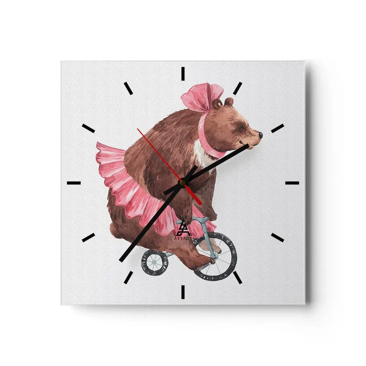 Reloj de pared - Reloj de vidrio - Un osito de peluche con una falda rosa en una bicicleta de estilo retro. - 30x30cm - ¡Qué circo! - Decoración de pared moderna para salón y dormitorio ARTTOR