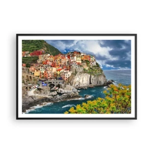 Póster en marco negro - Casas coloridas en un acantilado con vistas al mar en Cinque Terre - 100x70cm - En el acantilado - Decoración de pared moderna para salón y dormitorio ARTTOR
