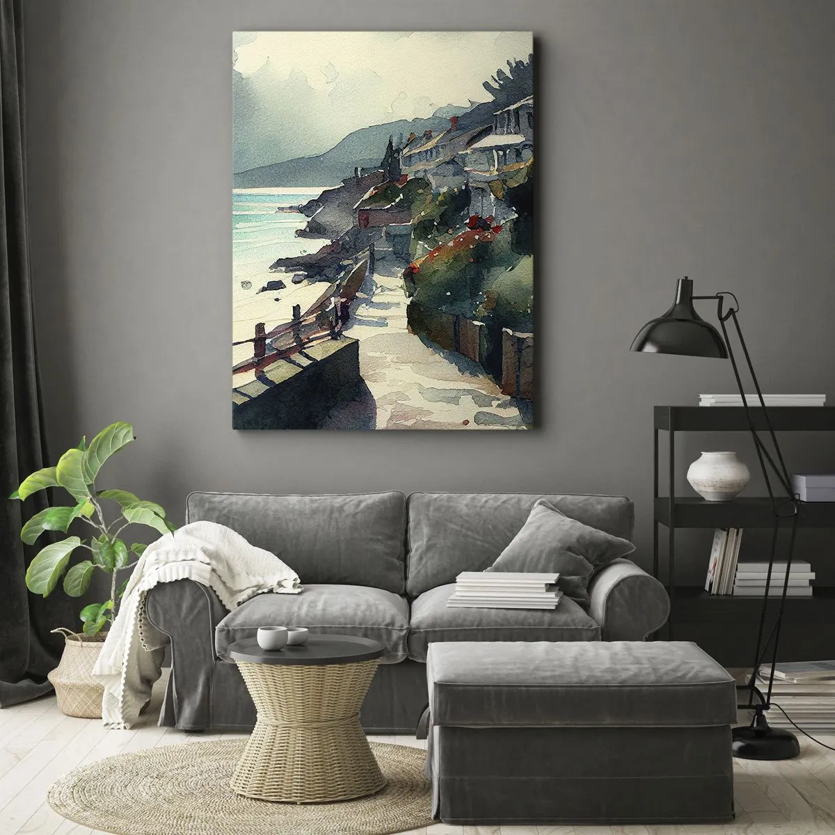Cuadro sobre lienzo - Impresión de Imagen - Paseo marítimo con casas y vegetación - 50x70cm - Ciudad mediterránea - Decoración de pared moderna para salón y dormitorio ARTTOR