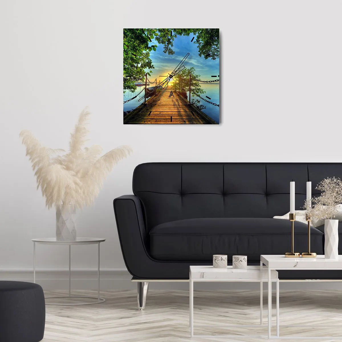 Reloj de pared - Reloj de vidrio - Atardecer junto al agua - 30x30 cm